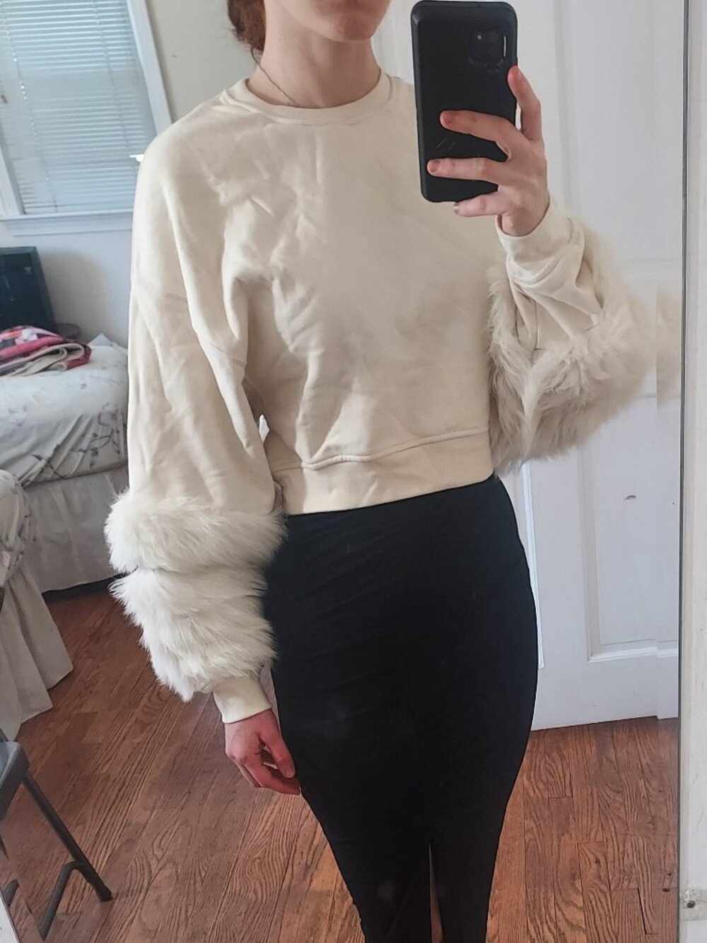 LaPointe Cream Fur Cropped Pullover Sweater